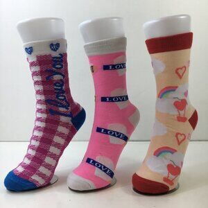 Womens Crew Socks Set 3 Valentines Print "I Love You" Pink White Red Beige Blue